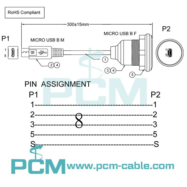 drawing pin assignment of micro usb round panel mount extension cable