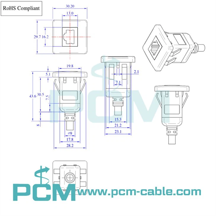 Tooling size drawing of CAT 5e Panel Mount Snap In male to female extension cable