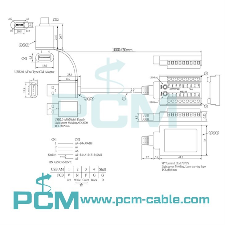 Drawing dimensions diagram pin assignment of usb serial cable usb to rs232 cable usb to rs485 converter usb to rs422 cable